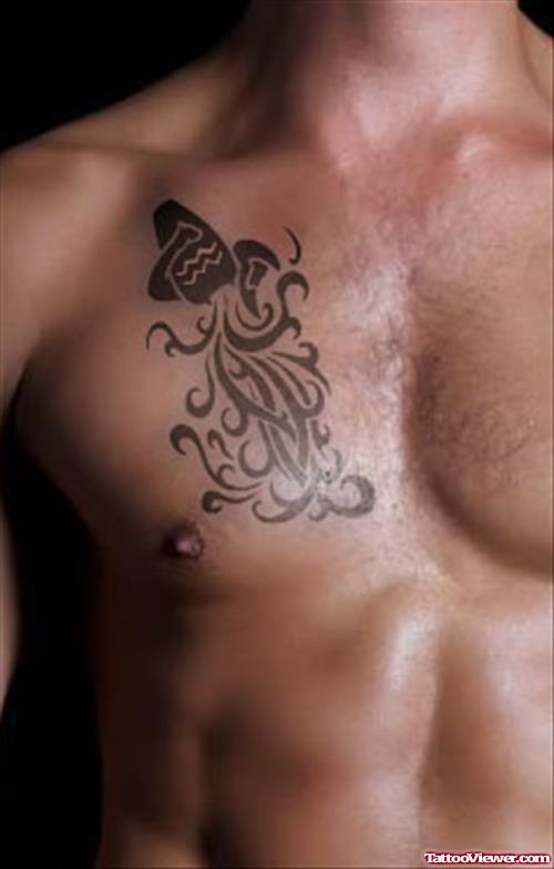 Tribal Aquarius Tattoo On Man Chest
