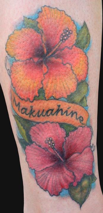 Two Hibiscus Flowers With Banner Tattoo Design For Sleeve