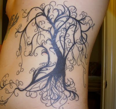 Unique Black Tree Tattoo Design For Side Rib