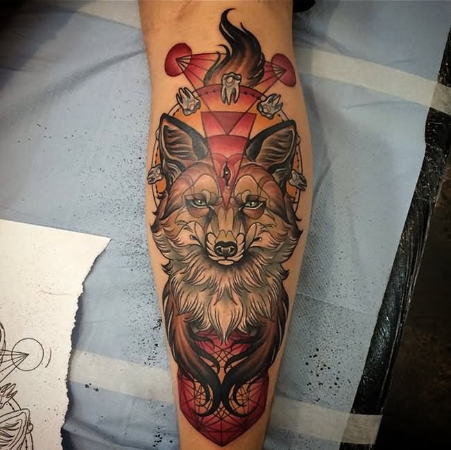 Unique Fox Face Tattoo On Forearm