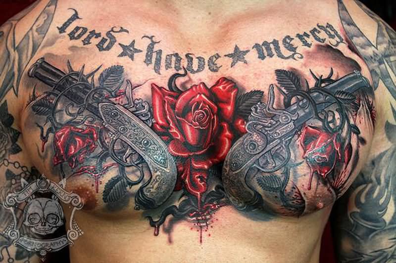 Unique Two Guns With Rose Tattoo On Man Chest