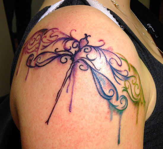Unique Watercolor Dragonfly Tattoo On Right Shoulder