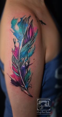 Unique Watercolor Feather Tattoo On Girl Right Half Sleeve