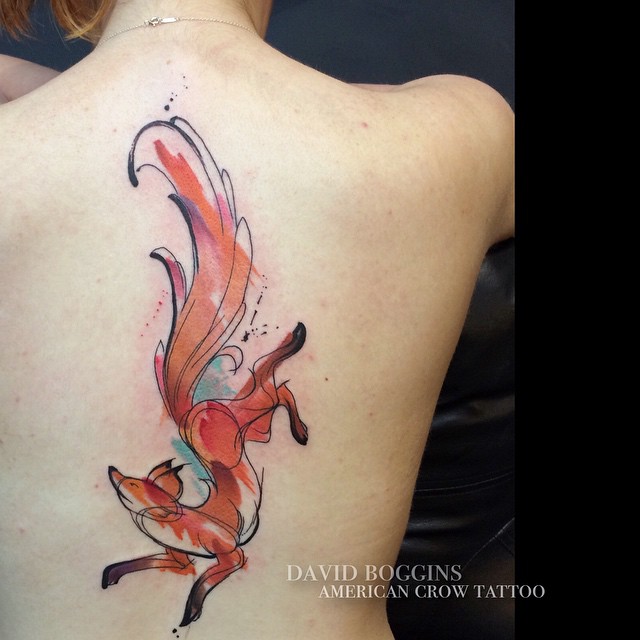 Unique Watercolor Fox Tattoo On Back