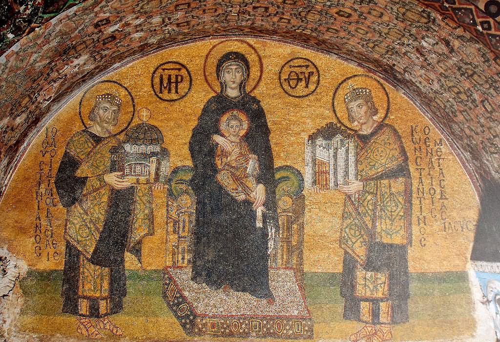 Virgin Mother And Child With Emperors Justinian I And Constantine Mosaic Inside The Hagia Sophia