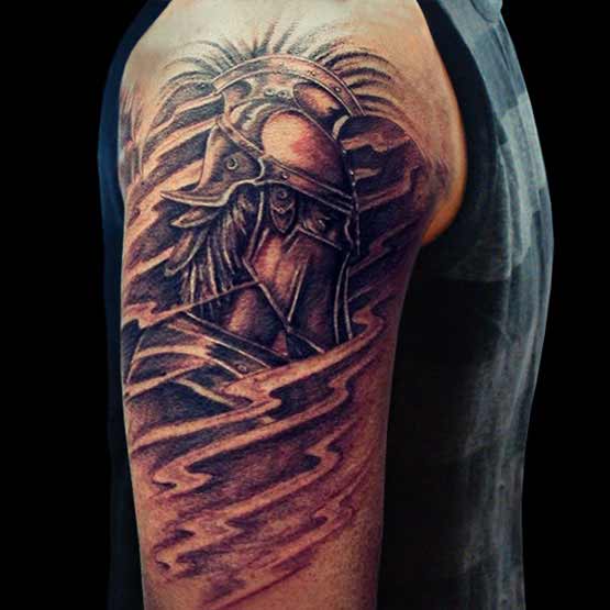 Warrior Head Tattoo On Half Sleeve