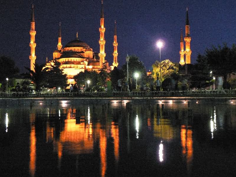 Water Reflection Of The Blue Mosque At Night