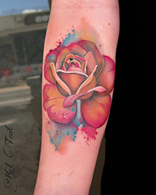 Watercolor 3D Rose Tattoo Design For Forearm By