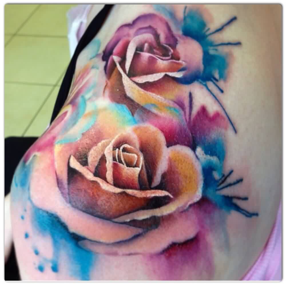 Watercolor 3D Rose Tattoo On Girl Left Shoulder By Rachelle Alexandra