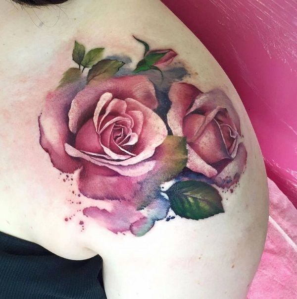 Watercolor 3D Roses Tattoo On Left Shoulder