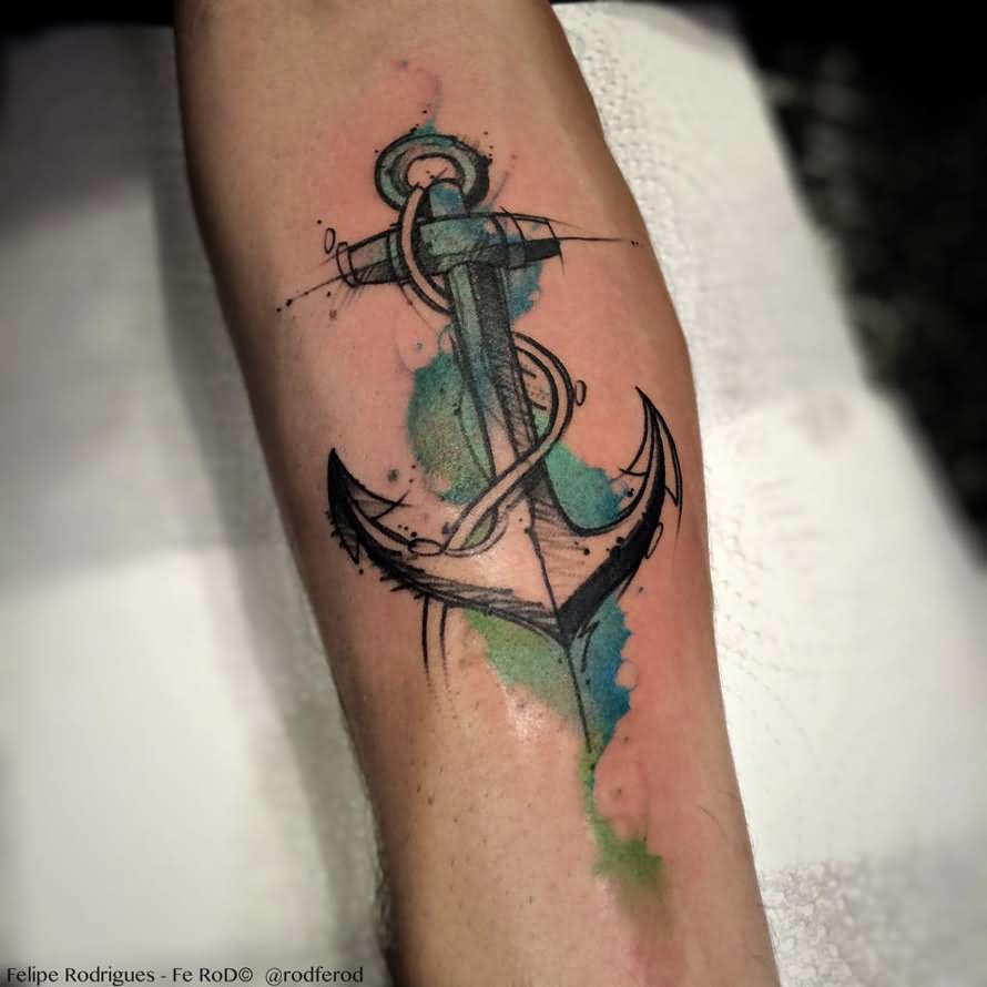 Watercolor Anchor Tattoo Design For Forearm