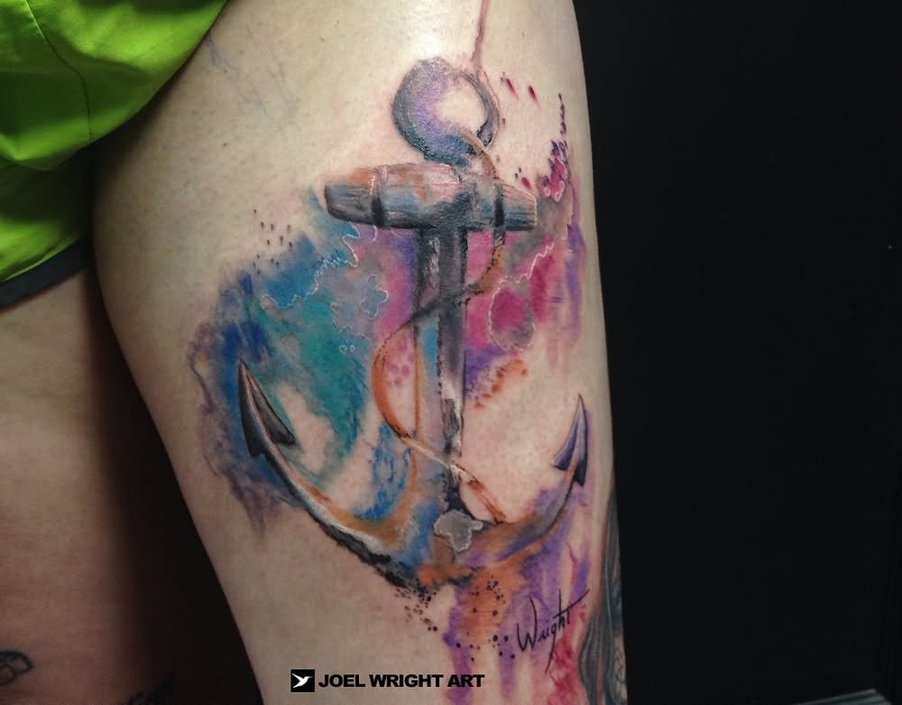 Watercolor Anchor Tattoo Design For Thigh