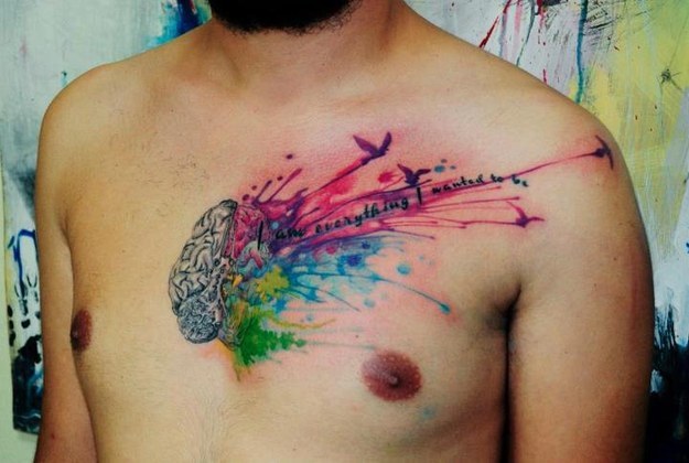 Watercolor Brain Tattoo On Man Chest