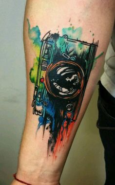 Watercolor Camera Tattoo On Forearm