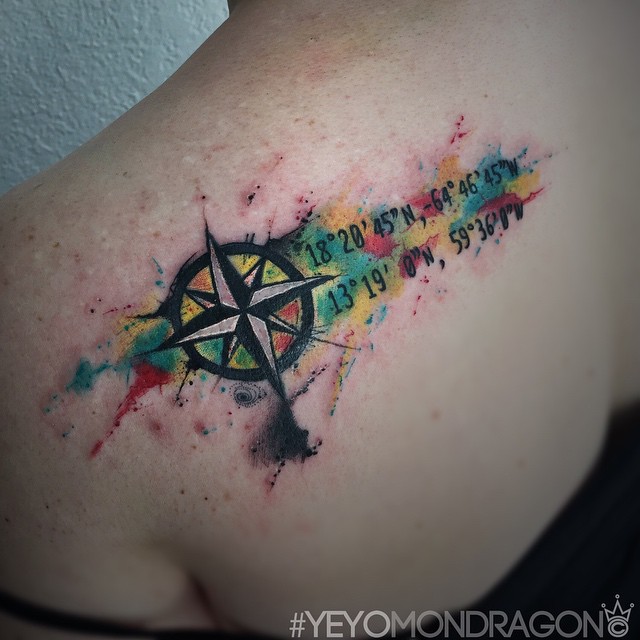 Watercolor Compass Tattoo On Left Back Shoulder