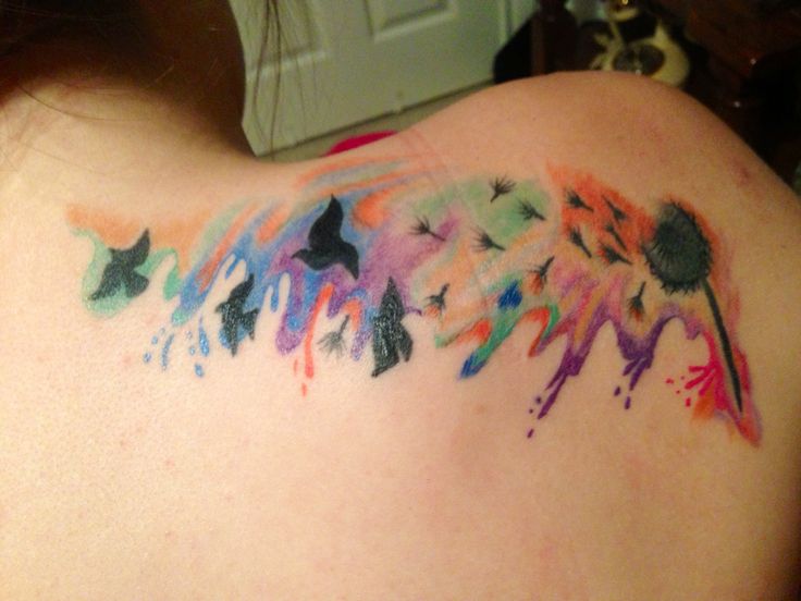 Watercolor Dandelion With Flying Birds Tattoo On Girl Right Back Shoulder