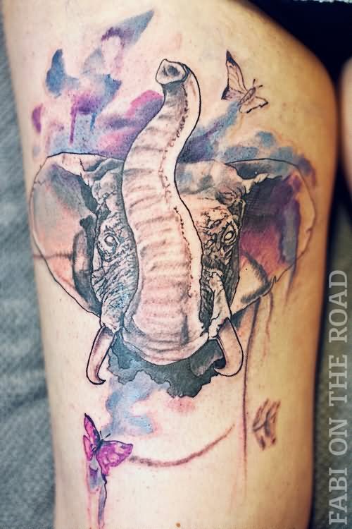 Watercolor Elephant Trunk Up With Butterfly Tattoo Design For Thigh By Fabik