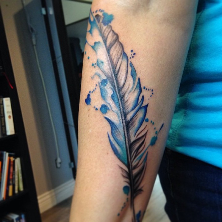 Watercolor Feather Tattoo Design For Arm