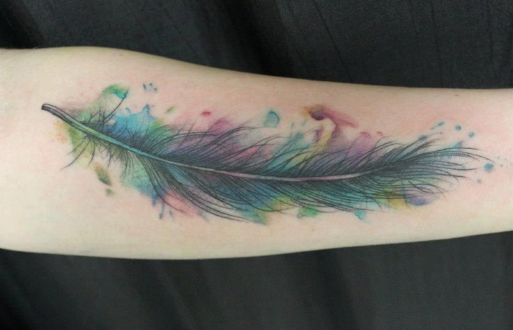 Watercolor Feather Tattoo Design For Forearm