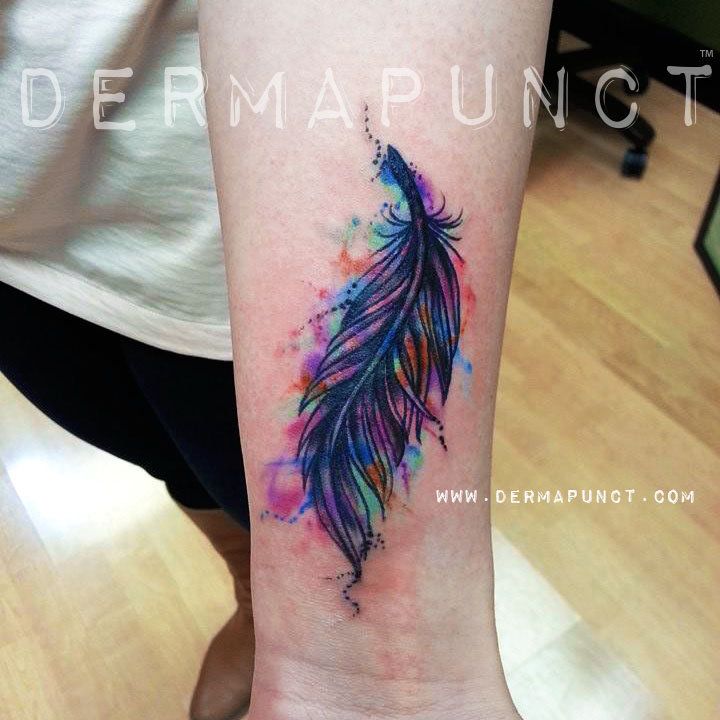 Watercolor Feather Tattoo Design For Wrist