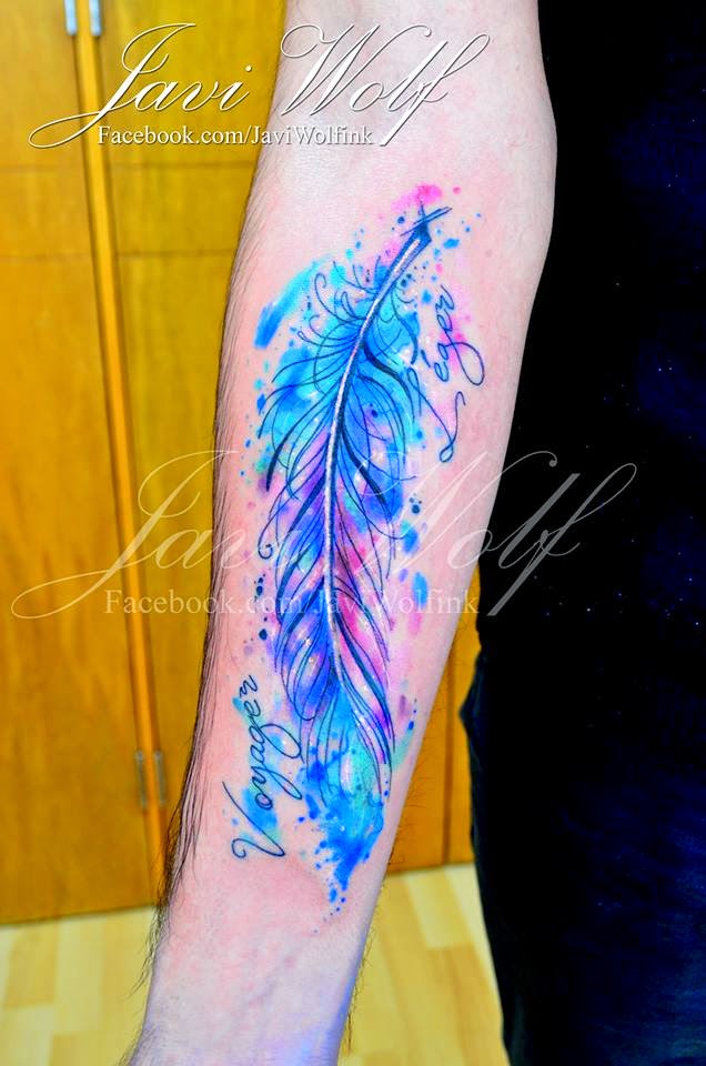 Watercolor Feather Tattoo On Forearm By Javi Wolf