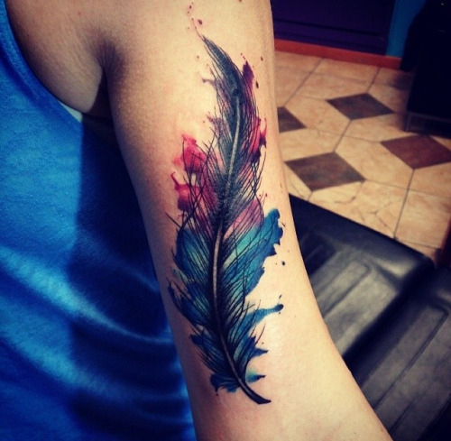 Watercolor Feather Tattoo On Right Half Sleeve
