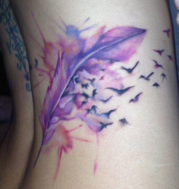 Watercolor Feather With Flying Birds Tattoo Design For Side Rib By Marcus Lund