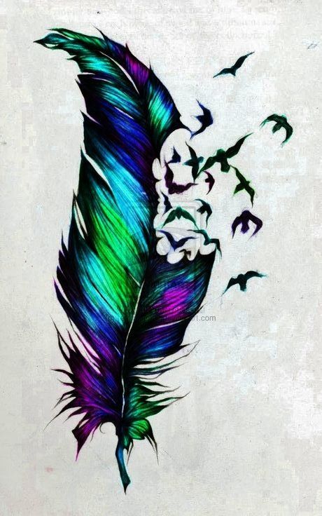 Watercolor Feather With Flying Birds Tattoo Design