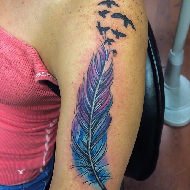 Watercolor Feather With Flying Birds Tattoo On Girl Left Shoulder