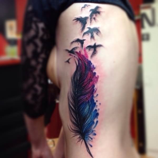 Watercolor Feather With Flying Birds Tattoo On Girl Side Rib By Aline