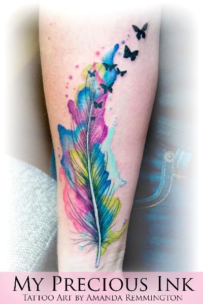Watercolor Feather With Flying Butterflies Tattoo Design For Sleeve By Amanda Remmington