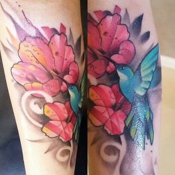 Watercolor Flower With Bird Tattoo Design For Sleeve