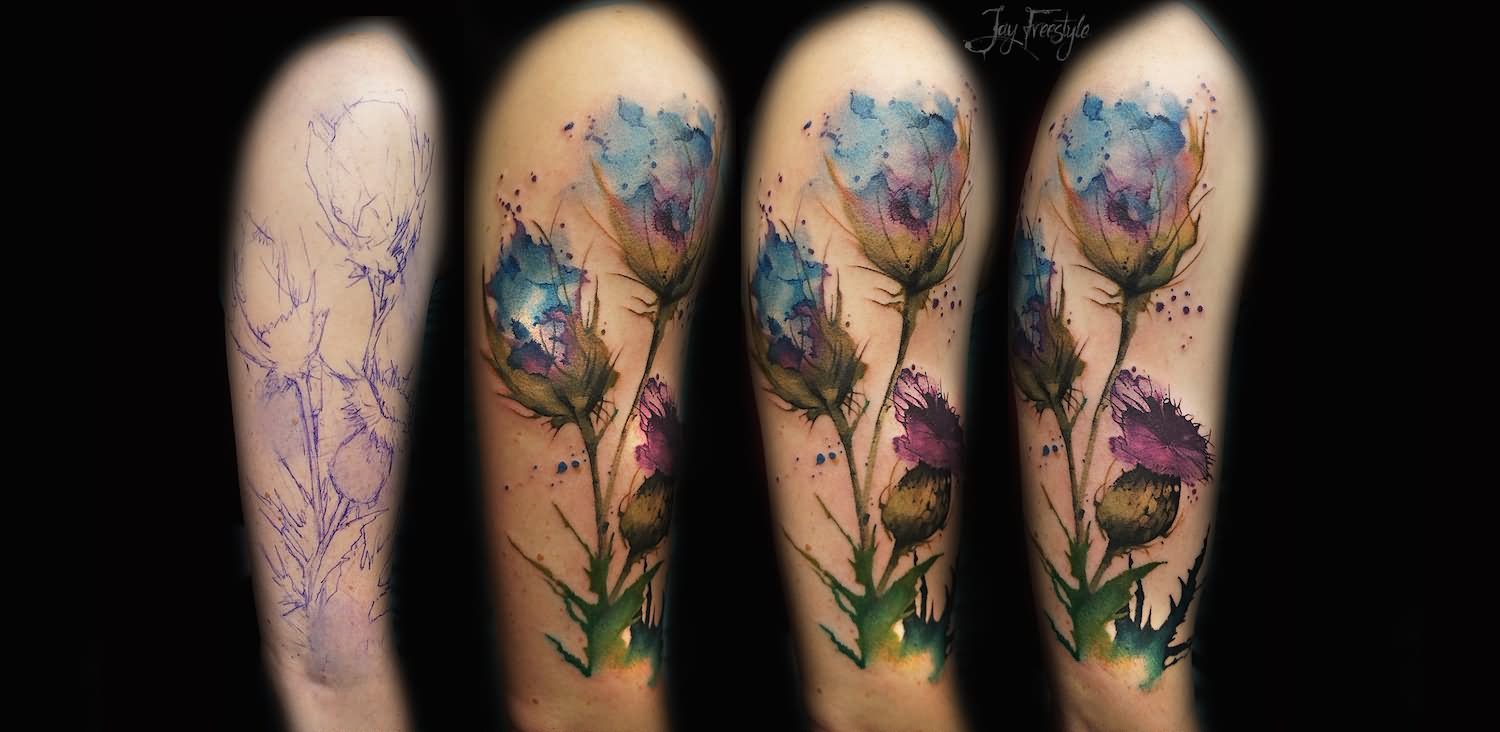 Watercolor Flowers Tattoo Design For Half Sleeve