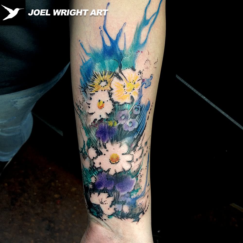 Watercolor Flowers Tattoo On Forearm