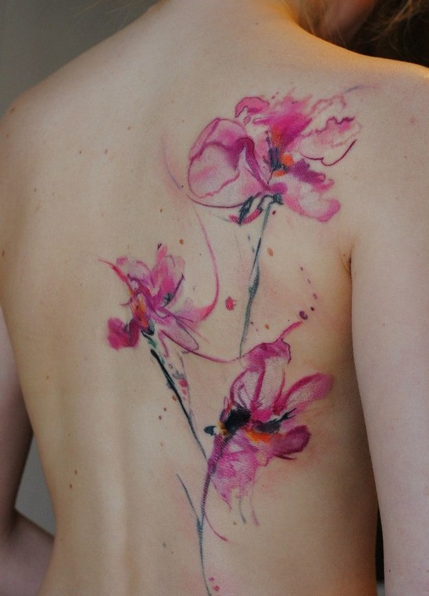 Watercolor Flowers Tattoo On Full Back