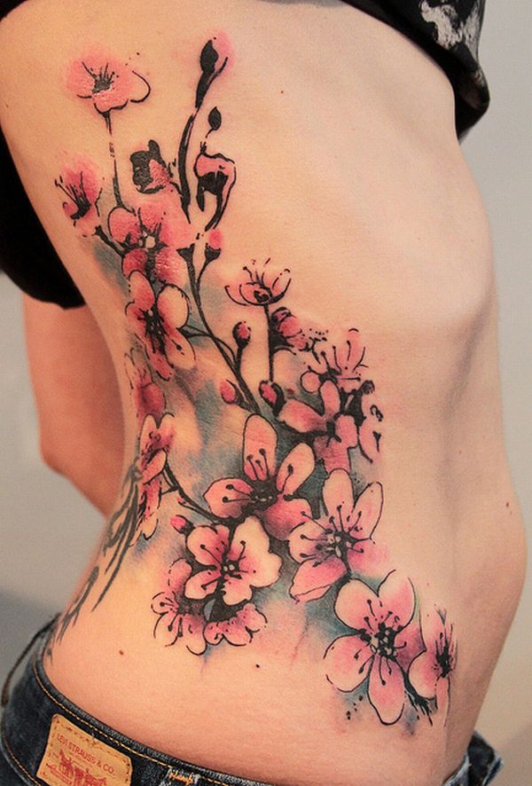Watercolor Flowers Tattoo On Right Side Rib