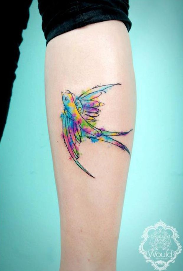 Watercolor Flying Bird Tattoo Design For Leg