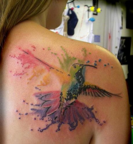 Watercolor Flying Bird Tattoo On Girl Right Back Shoulder