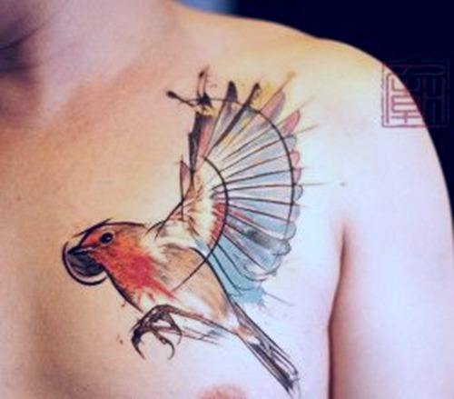 Watercolor Flying Bird Tattoo On Left Front Shoulder