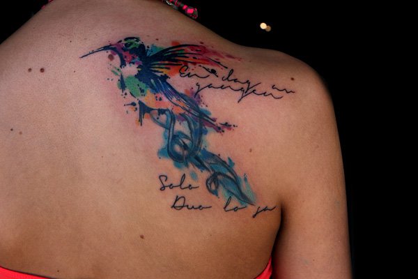 Watercolor Flying Bird Tattoo On Right Back Shoulder