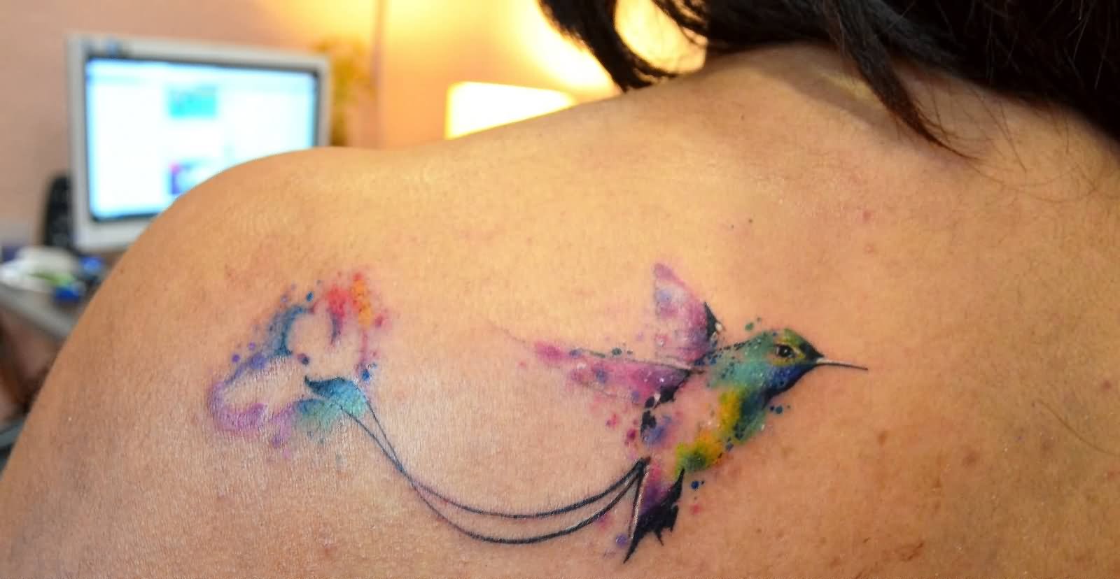 Watercolor Flying Birds Tattoo On Left Back Shoulder