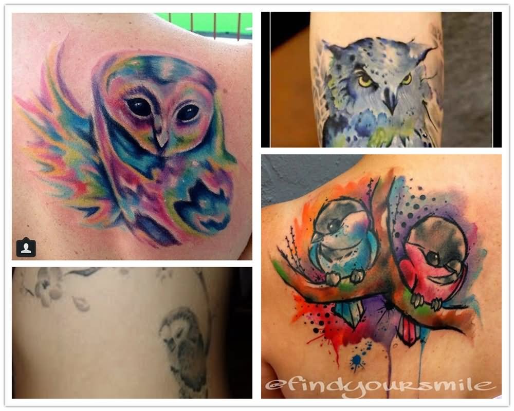 Watercolor Four Owl Tattoo Designs