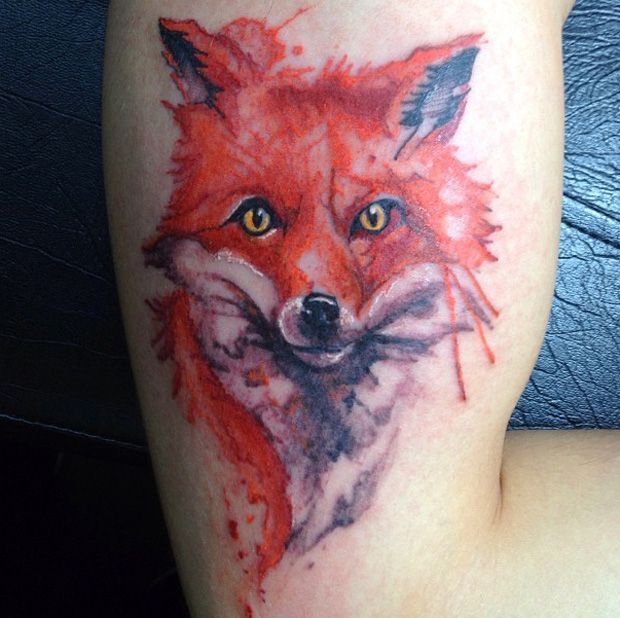 Watercolor Fox Face Tattoo On Half Sleeve