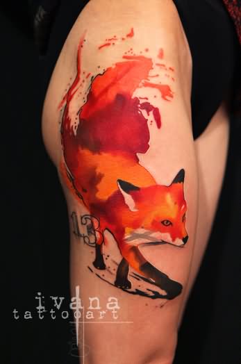 Watercolor Fox Tattoo Design For Girl Thigh