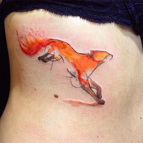 Watercolor Fox Tattoo Design For Side Rib