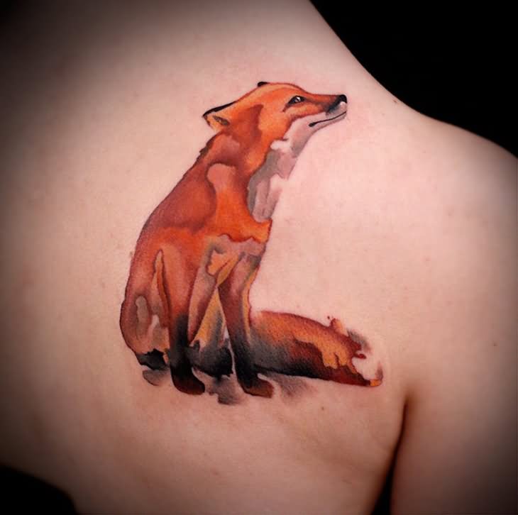Watercolor Fox Tattoo On Right Back Shoulder