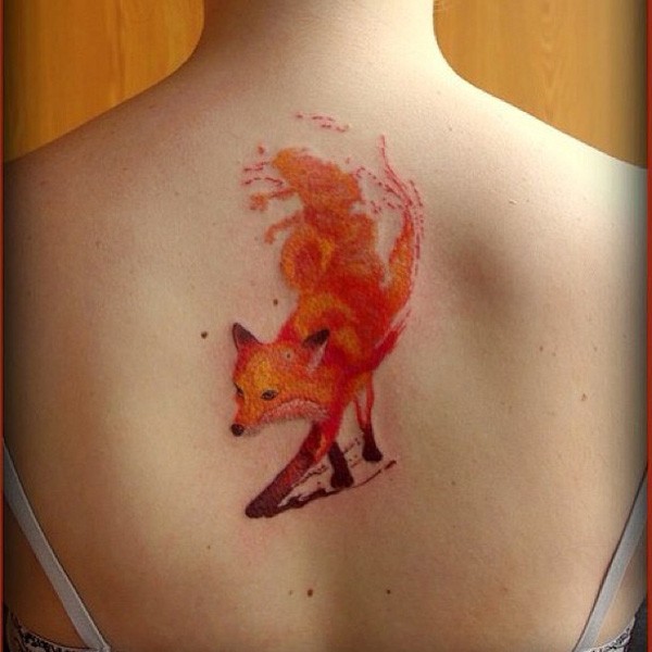Watercolor Fox Tattoo On Upper Back