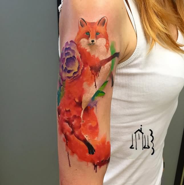 Watercolor Fox With Flower Tattoo On Right Half Sleeve