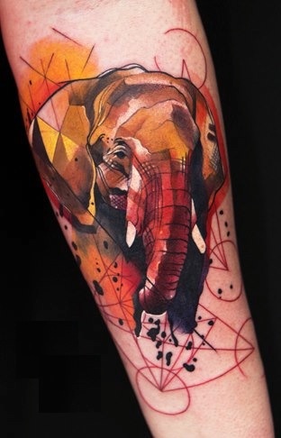 Watercolor Geometric Elephant Tattoo On Forearm