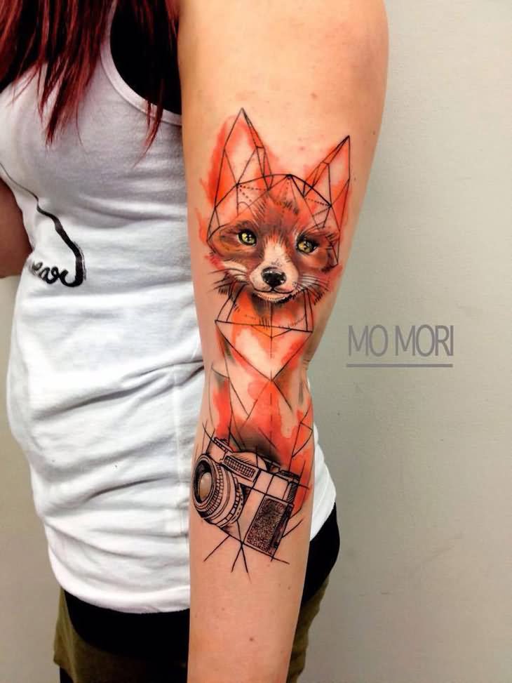 Watercolor Geometric Fox With Camera Tattoo On Girl Left Sleeve